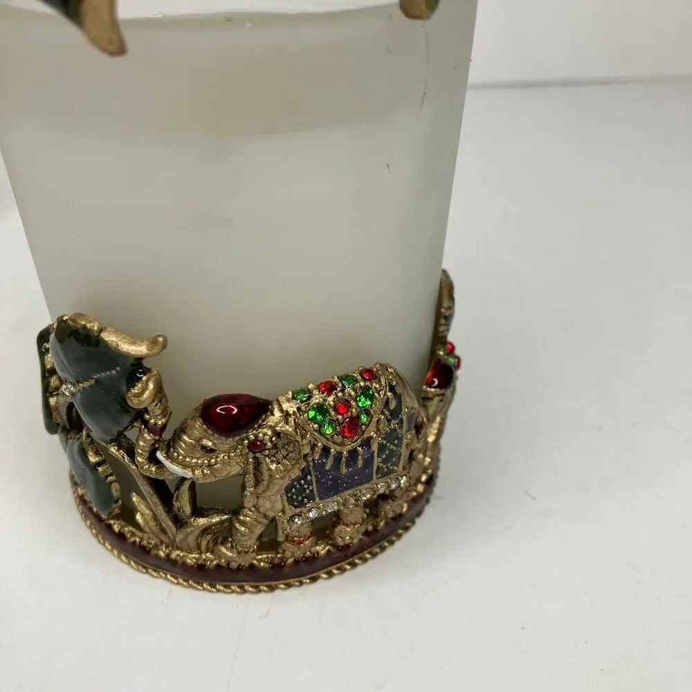 Cloisonné Hand Painted Enamel Bougie Safari Candle Holder Elephants Bombay NEW